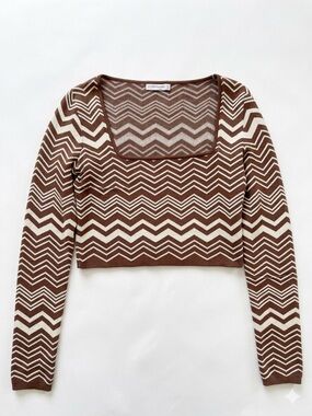 stradivarius Brown and Cream Chevron Square-Neck Crop Top